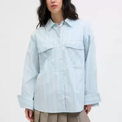 Blusa azul clara com riscas e saia plissada castanha