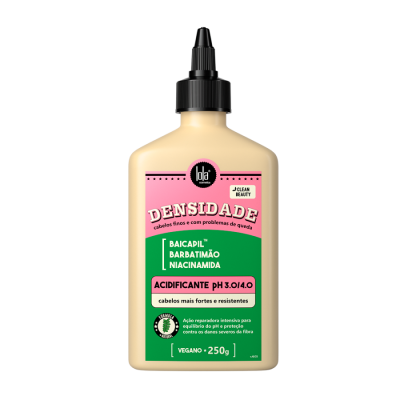Frasco de produto para cabelo Lola Cosmetics DENSIDADE com rótulo rosa e verde