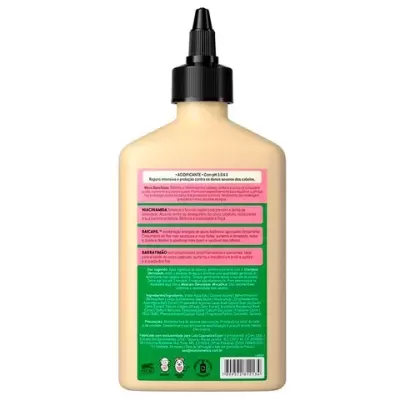 Frasco bege com tampa preta e texto colorido na embalagem