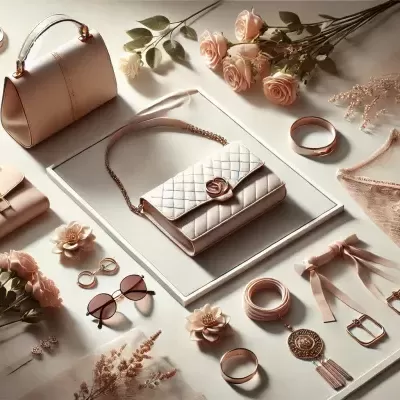 Acessórios femininos cor-de-rosa e bege dispostos com flores sobre fundo claro