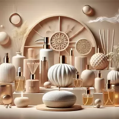 Difusores de aroma e velas decorativas em cerâmica branca e bege