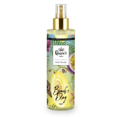 Spray corporal Queen's Beauty Beach's Day 250 ml com rótulo com frutas e folhas coloridas