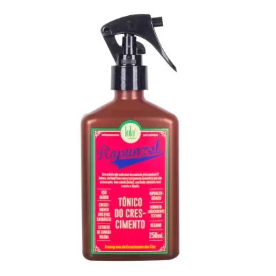 Frasco castanho com spray preto e rótulo vermelho de tónico capilar Lola Cosmetics