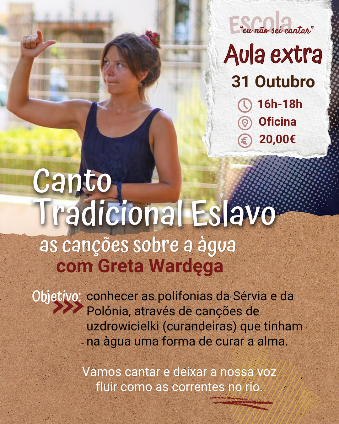 Canto Tradicional Eslavo com Greta Wardega Pessoa com roupa azul escuro, cabelo preso com flor, apontando para cima, texto sobre aula extra de Canto Tradicional Eslavo