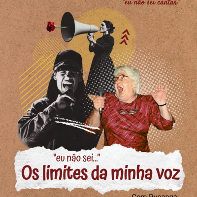 Promoção com pessoas a cantar e texto sobre curso de voz