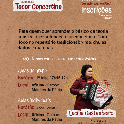 Cartaz promocional para aulas de concertina com foto da professora a tocar o instrumento.
