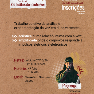 Cartaz com detalhes de um curso sobre análise e experimentação da voz com uma foto de uma mulher a cantar