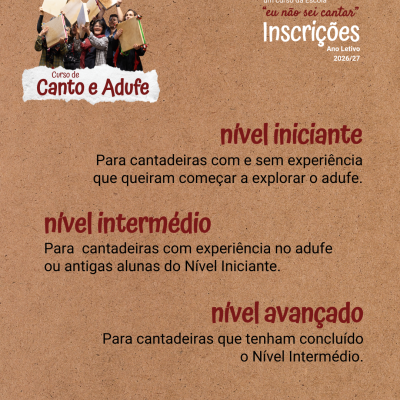 Folheto com informações sobre curso de Canto e Adufe com inscrições para 2026/27