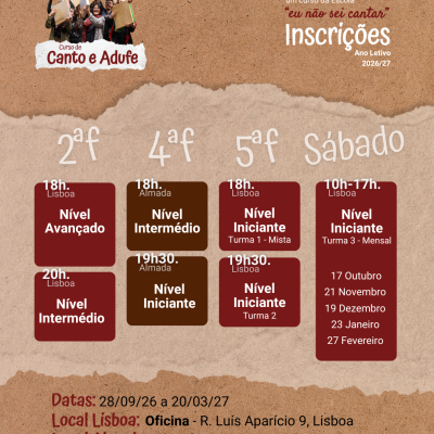 Cartaz curso de Canto e Adufe com horários e locais em Lisboa e Almada