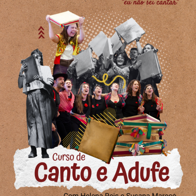 Curso de Canto e Adufe com pessoas a cantar e tocar adufe sobre fundo castanho