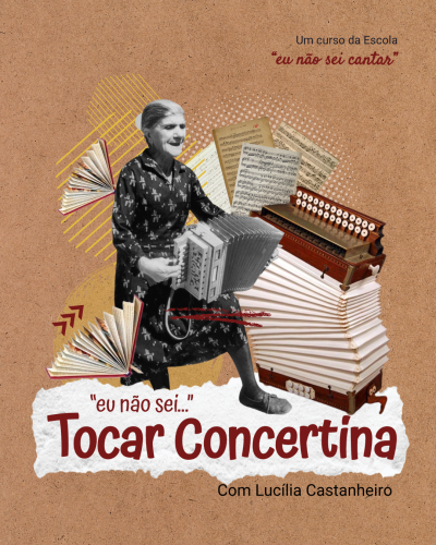 Publicidade de curso para tocar concertina com imagem em preto e branco de uma senhora a tocar o instrumento e textos promocionais em português