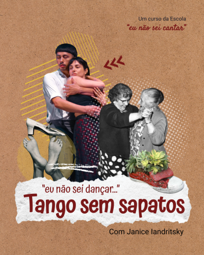 Promoção de curso de dança Tango sem sapatos com pessoas a dançar e sapatos com plantas