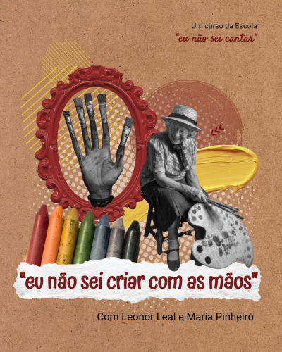 Cartaz colorido de curso artístico com materiais de desenho, moldura vermelha, mão com pincéis, idosa com paleta de pintor e texto sobre curso.