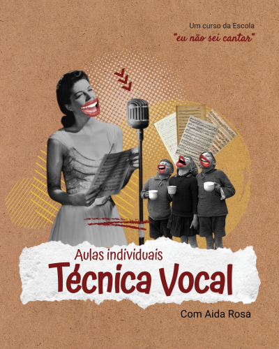 Cartaz com mulher antiga, crianças, microfone vintage e partituras, texto Aulas individuais Técnica Vocal em português