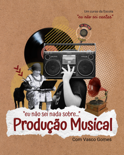 Colagem artística com elementos de rádio antigo, vinil, microfone, mulher com computador e cabra num fundo castanho com texto sobre produção musical.