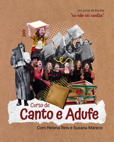 Curso de Canto e Adufe com pessoas a cantar e tocar adufe sobre fundo castanho