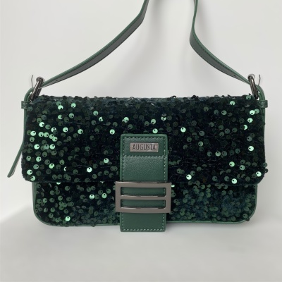 Mala de ombro preta com lantejoulas verdes e alça verde escuro