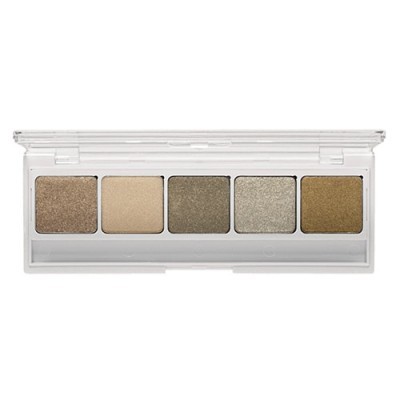 Paleta de sombras com cinco tons neutros e metálicos em embalagem branca transparente