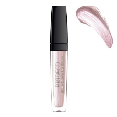 Lip gloss rosa claro com brilho em tubo transparente e tampa preta da marca Indico