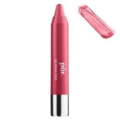 Batom em caneta rosa com texto branco e tampa prateada