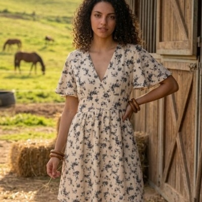 Vestido curto creme com flores pretas, decote em V, usado com botas de cowboy castanhas
