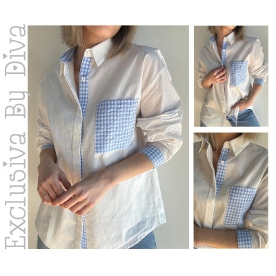Camisa branca com detalhes xadrez azul claro no bolso e punhos