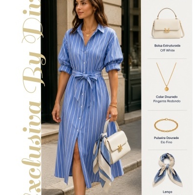 Mulher com vestido azul aos riscos e mala off white com lenço