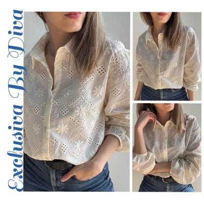 Camisa feminina branca com bordados florais e quadrados feita de algodão