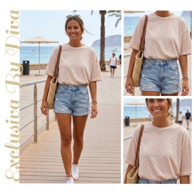 mulher vestida com t-shirt bege com bolinhas rosa e calções de ganga azul claro no passadiço junto ao mar