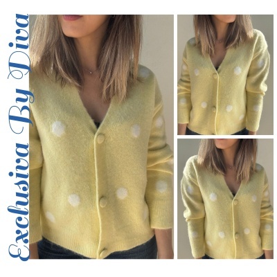 Cardigan feminino amarelo com bolinhas brancas e botões forrados.