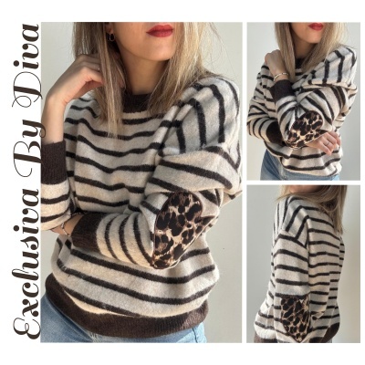Casaco mulher riscas bege castanho cotoveleiras padrão animal print