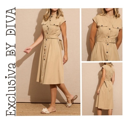 Vestido bege com botões pretos e cinto, em fundo bege, vista frontal e lateral
