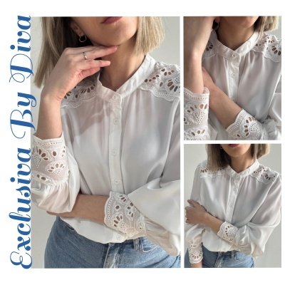 Blusa branca feminina com renda nas mangas e ombros