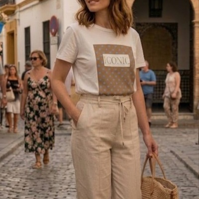 Mulher com t-shirt branca estampada ICONIC, calças bege e bolsa de palha na rua
