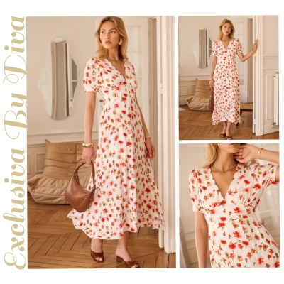 Vestido midi branco com padrão floral vermelho e rosa