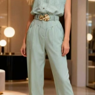 Macacão verde-água com cinto dourado e salto alto dourado usado por mulher em ambiente interior moderno