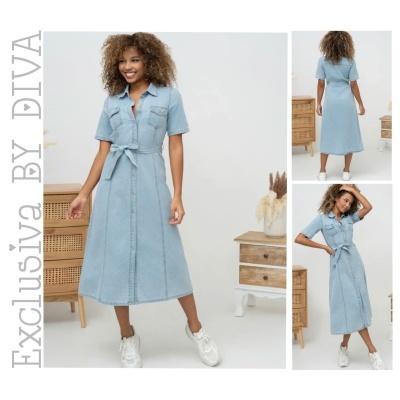 Vestido comprido de ganga azul claro com botões frontais e cinto barra