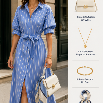 Mulher com vestido camisola azul às riscas e bolsa off white com lenço azul