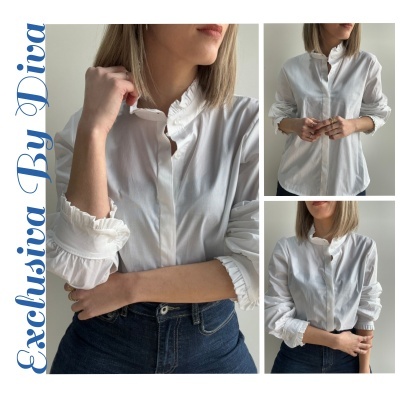 Camisa branca com gola e punhos franzidos, combinada com jeans azuis