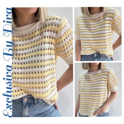 Camisola de malha com riscas amarelas e bege e padrão em tricot aberto.