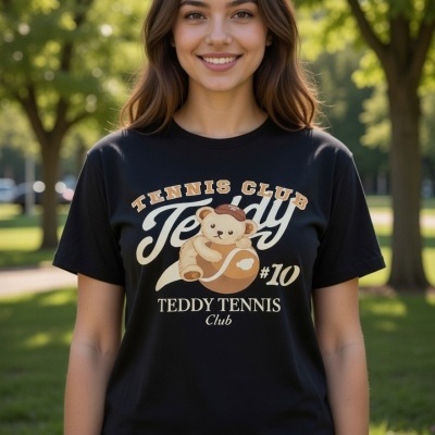 T-shirt preta com estampado de ursinho de peluche e texto TENNIS CLUB Teddy #10 TEDDY TENNIS Club