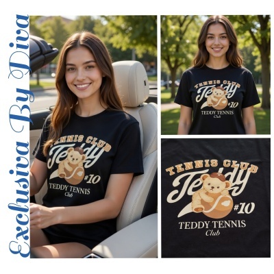 Camisola preta com estampa de urso teddy e texto relacionado a ténis, usada por mulher.