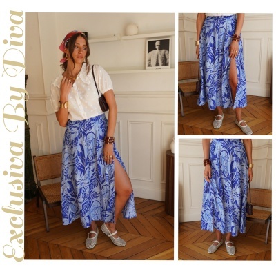 Saia midi azul padrão folhas com fenda e blusa branca de bolinhas