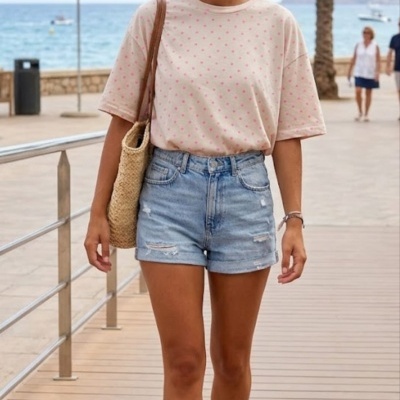 Mulher com t-shirt creme com bolinhas cor-de-rosa, calções de ganga rasgados azuis claros e ténis brancos num passadiço à beira-mar.