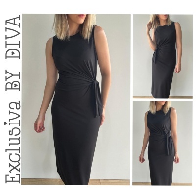 Vestido preto comprido sem mangas com nó na cintura