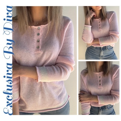 Camisola de malha rosa claro com botões frontais e mangas compridas com acabamento colorido
