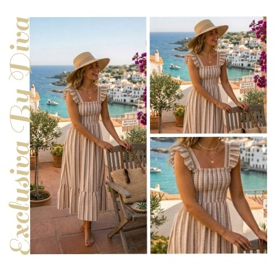 Vestido longo às riscas bege e branco com folhos, chapéu de palha, terraço com vista para o mar