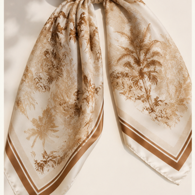Lenço estampado bege e castanho com padrão floral e texto promocional
