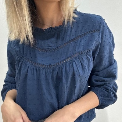 blusa azul escuro com textura pompons e renda