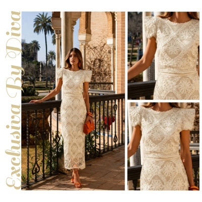 Vestido comprido branco em renda com padrão floral e ombros estruturados